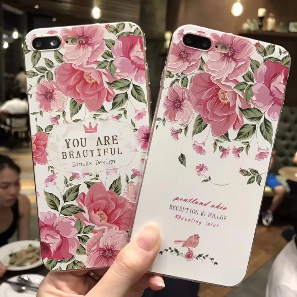 Free shipping fashion Pink FLOWER bird Luxurious Relief Phone Back Cover Casefor iPhone 6 Case For Apple iphone 6S 7 Plus 6SPlus |