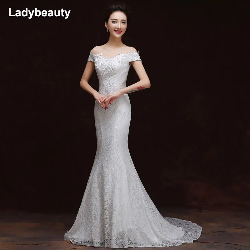 Ladybeauty сексуальное новое белое свадебное платье Русалка с вырезом лодочкой, свадебное платье с бисером - Цвет: Белый