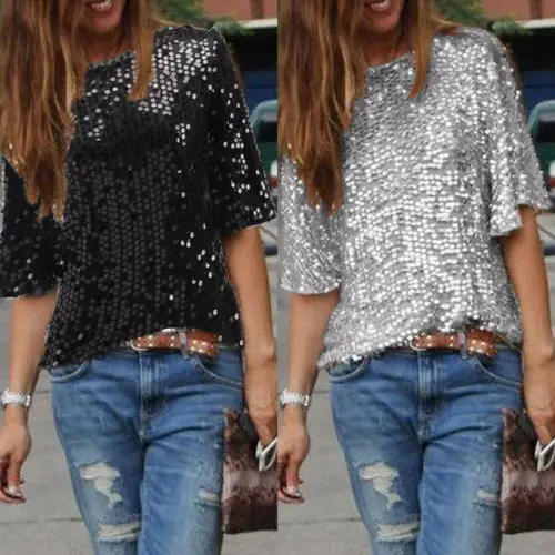 

Ladies Glistening Sequined T Shirt Tops Summer Half Sleeve Black Silver Slim Tee Shirt Tops Women Hot Clothes