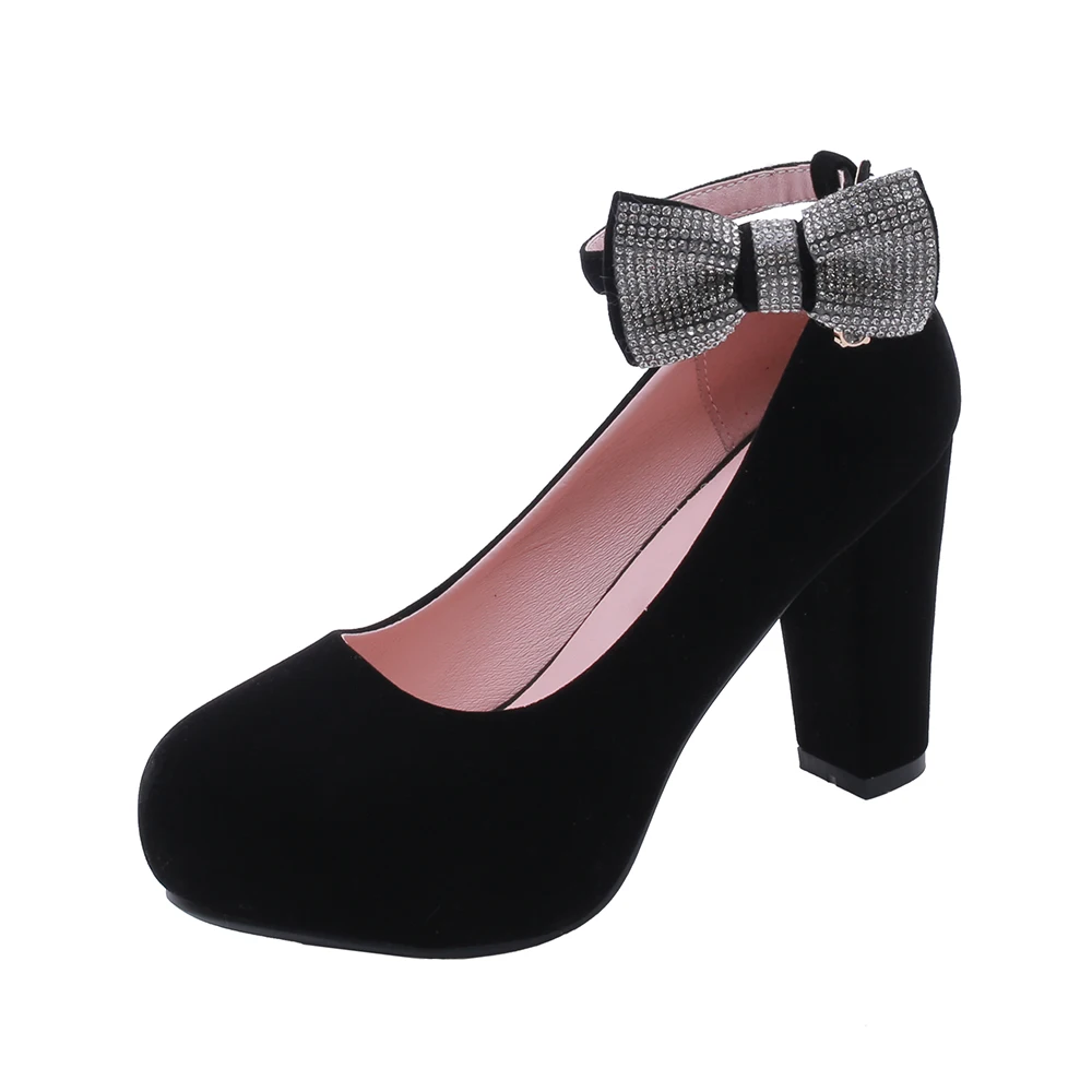 2019 New Female Flock Platform High Heels Bow Knot Square Pumps Buckle Spring Autumn Shoes Blue Red Black | Обувь