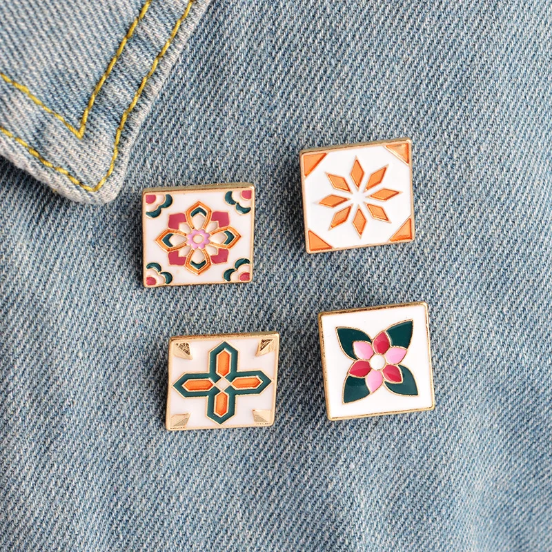 

Vintage Flower Tiles Brooch for Women Men Fashion Enamel Bag Shirt Clothes Collar Badge Pins Button Geometric Creative Jewelry