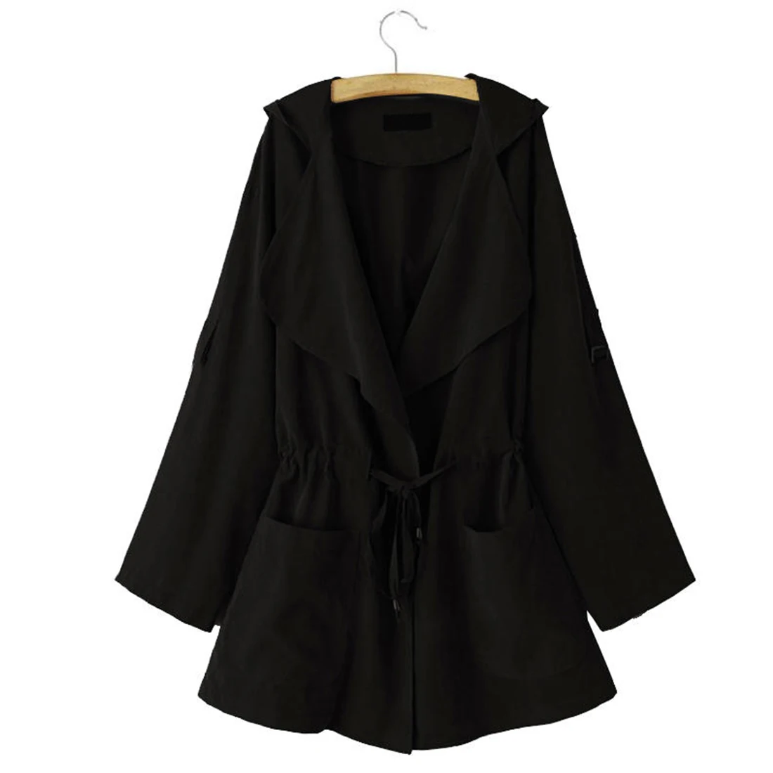 Весна осень Женская мода лацкан Drawstring талия парка ролл-ап рукава Твердые Dost с