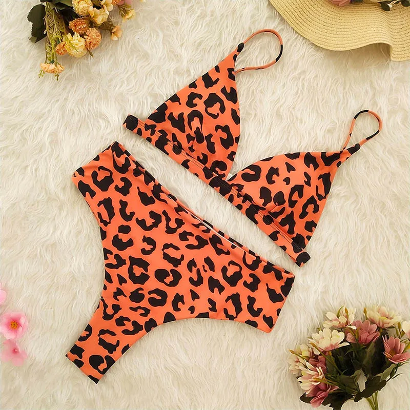 orange leopard Купальник для фитнеса, женский купальник из двух частей, Леопардовый, тонкий, сексуальный, летний, пуш-ап, бикини, набор, высокая талия,, купальники, распродажа - Цвет: orange leopard
