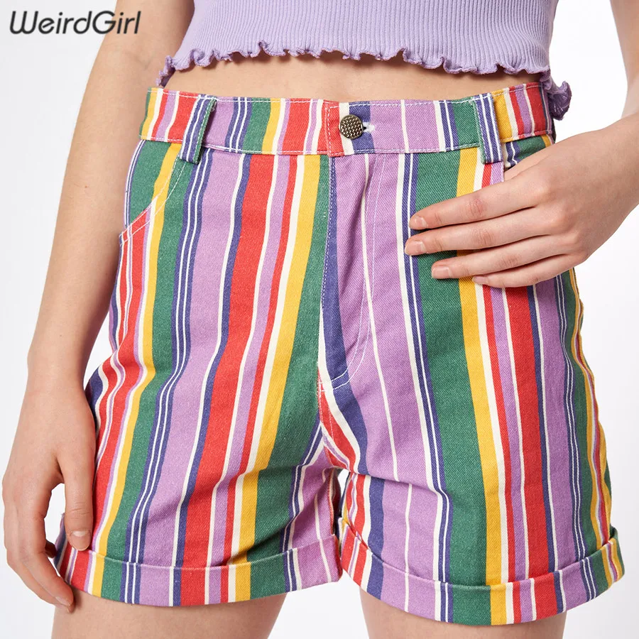 Weirdgirl, женские шорты, повседневные, модные, с высокой талией, эластичные, обтягивающие, в полоску, летние, с карманами, мини-брюки, тонкие, для девушек, прямые, новинка