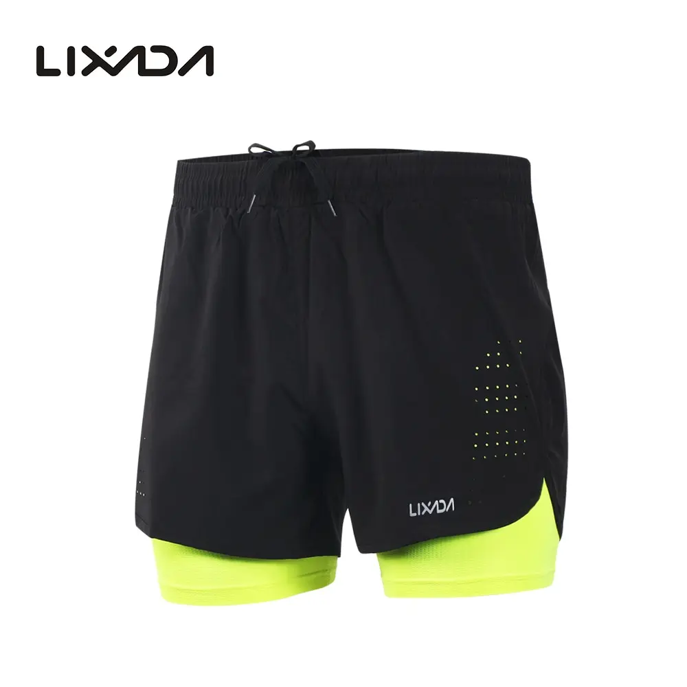 Lixada мужские шорты 2 в 1 для бега, мужские спортивные шорты, быстросохнущие шорты для тренировок, тренажерного зала, пробежки, велосипедные шорты с длинным рукавом L - Цвет: Зеленый