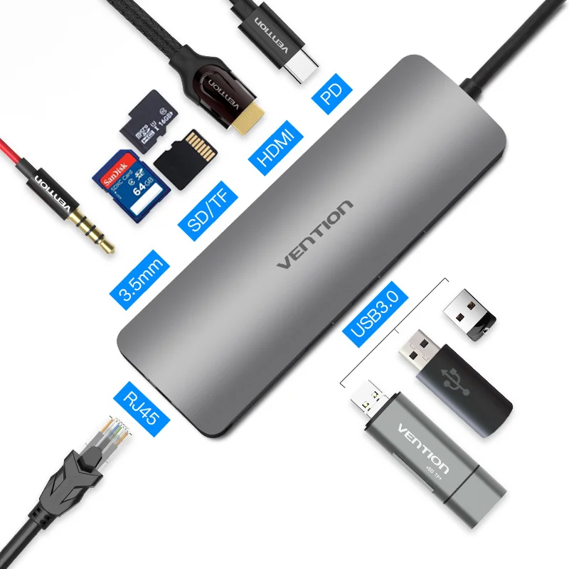 Vention usb-хаб usb type C к HDMI USB 3,0 концентратор Thunderbolt 3 адаптер для MacBook samsung S9 S10 huawei mate 20 P30 Pro USB-C концентратор - Цвет: Gray CGNHA