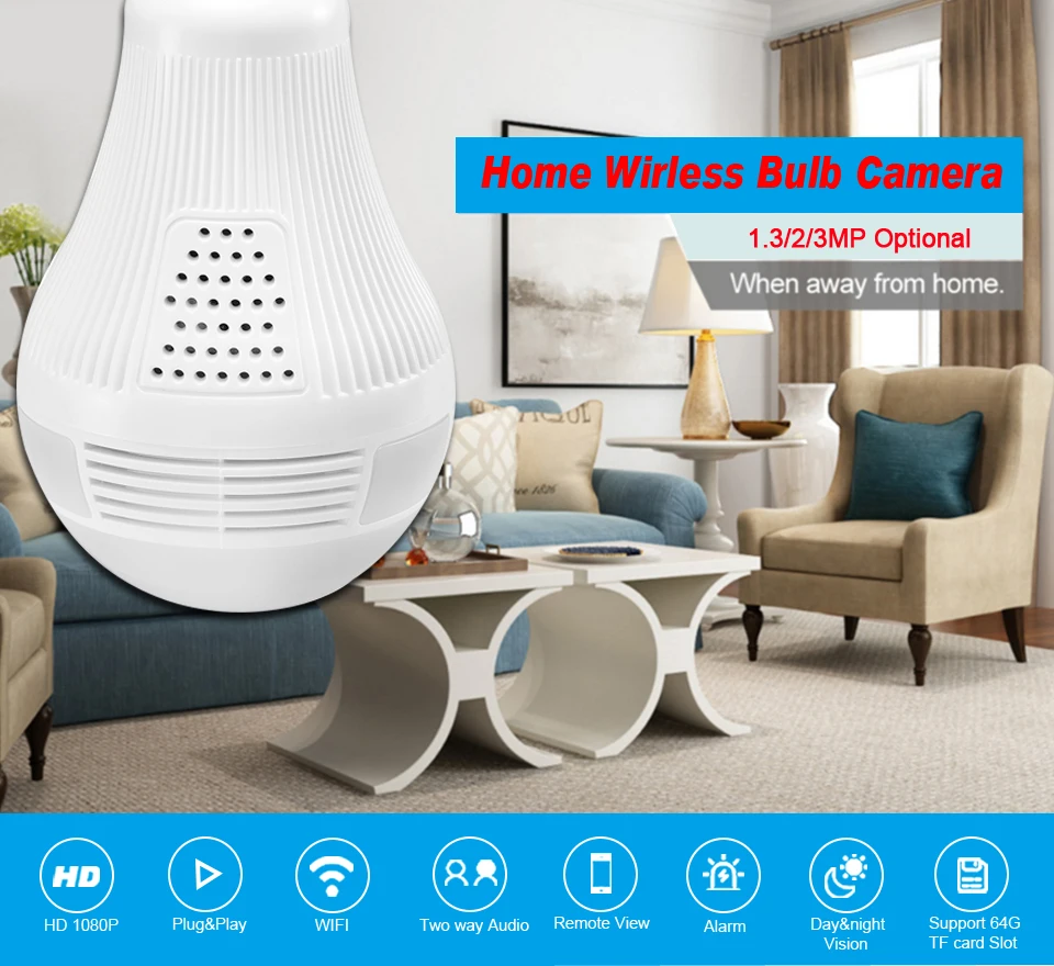 1080P инфракрасная WiFi Беспроводная ip камера лампа с панорамным объективом рыбий