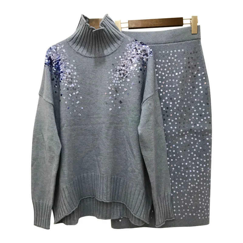 Женский комплект 2018 осенне зимний теплый костюм свитер вязаный джемпер с высоким