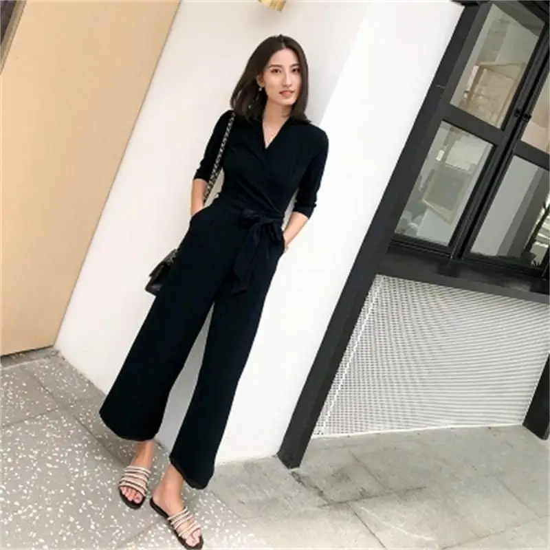 

Fashion jumpsuit female summer New casual black high waist chiffon student conjoined wide leg nine pants women Rompers
