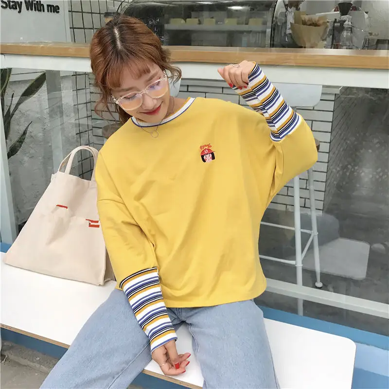 35191 yellow Корейская полосатая Лоскутная футболка с вышитыми надписями из мультфильмов, топ, футболка, футболка с длинным рукавом и круглым вырезом, Женские повседневные футболки 35191 - Цвет: 35191 yellow