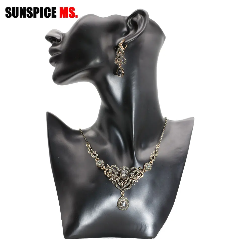 SUNSPICE-MS, серые камни, Свадебные Ювелирные наборы для Дубай, женские длинные висячие серьги, цветочное ожерелье, турецкий бренд, бижутерия, 4 цвета, Новинка