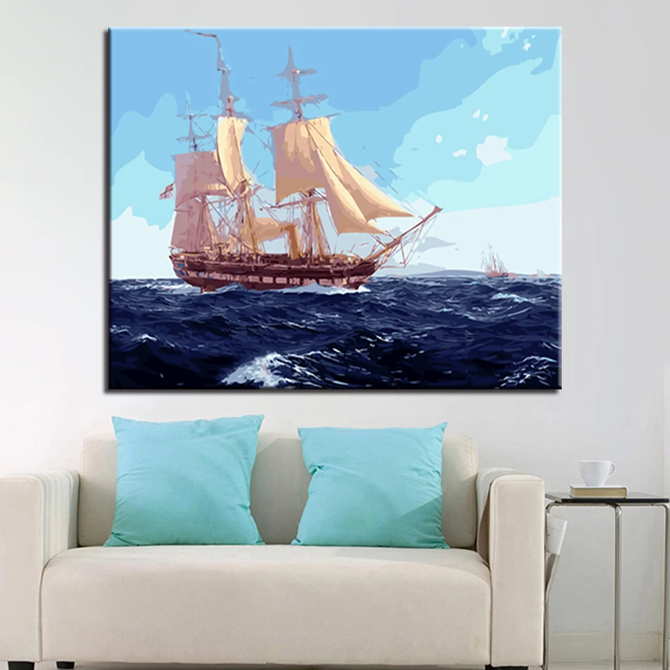 Парусная лодка живопись по номерам DIY Рисунок морская волна масло холст домашний декор настенные художественные наборы раскраска корабль морской пейзаж картины в рамке