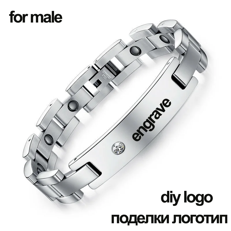 diy logo for men AZIZ BEKKAOUI браслет из камня для здоровья с гравировкой по имени ID браслет пара браслет мужские магнитные браслеты из нержавеющей стали и браслеты - Окраска металла: diy logo for men