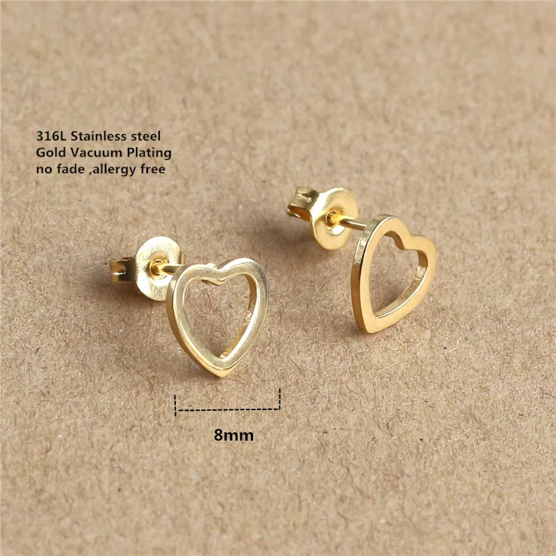 

Titanium 316L Stainless Steel Gold-color IP Planting Stud Earrings Hollow Out Heart 8mm No Fade Allergy Free Fashion Jewelry