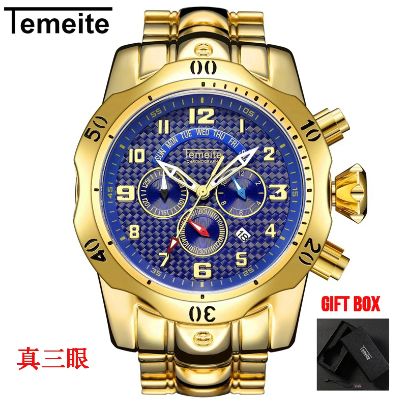 Temeite 1 with box Temeite полностью функциональные Роскошные брендовые Дизайнерские мужские часы кварцевые часы мужские водонепроницаемые мужские наручные часы Relogio Dourado Masculino - Цвет: Temeite 1 with box