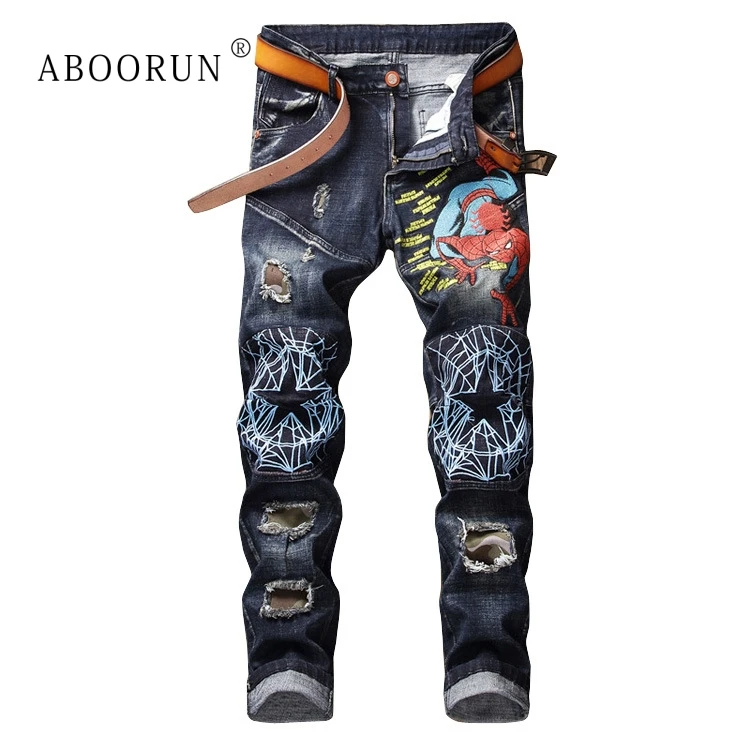 ABOORUN Hi Street мужские брендовые джинсы с вышивкой лоскутные карандаш модные рваные