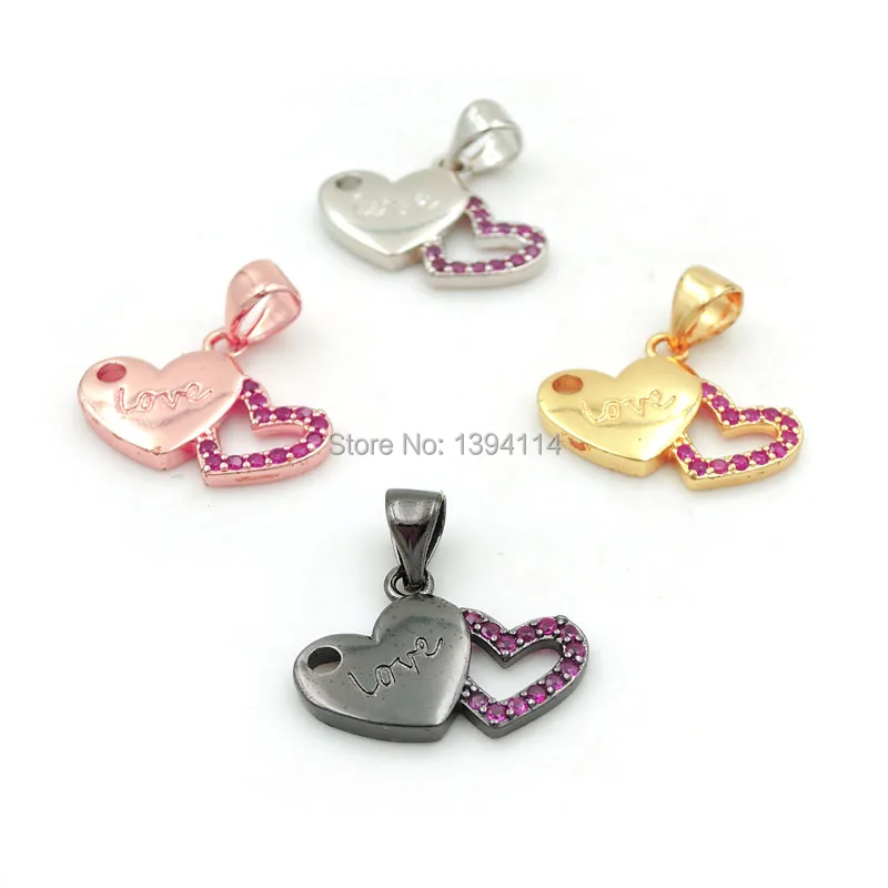 

16*12*2 мм микро паве Красный CZ перекрытие 2 сердца очарование подходит для изготовления ожерелья ювелирных изделий