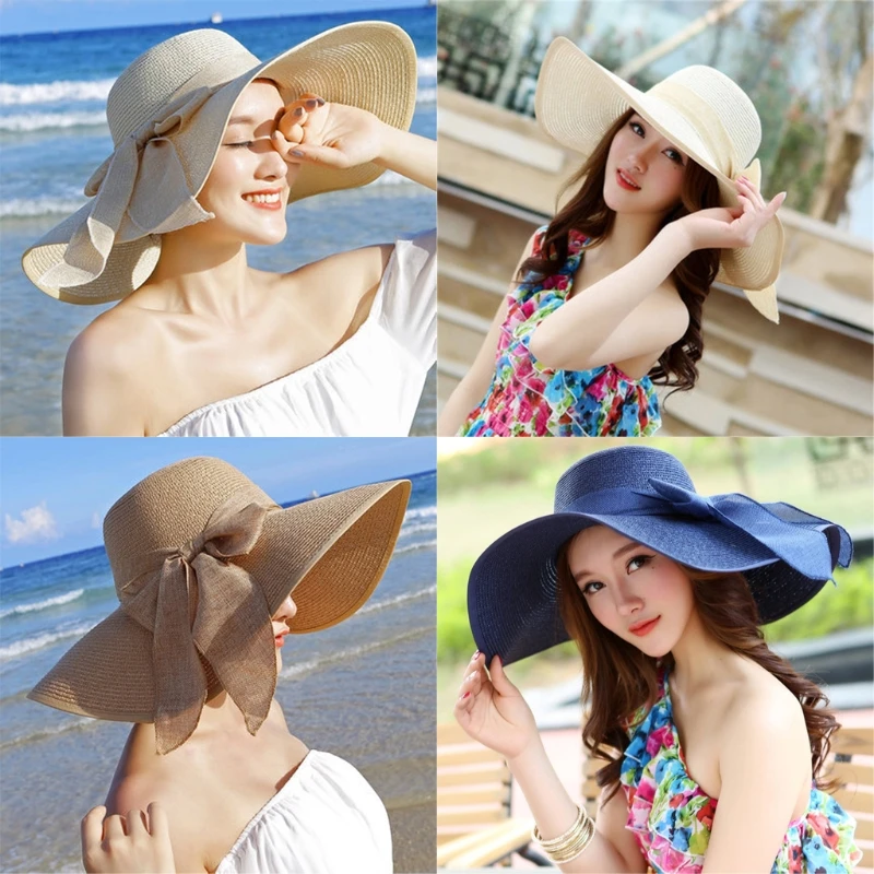 

Summer Large Brim Straw Hat Floppy Wide Brim Sun Cap Bowknot Beach Foldable New