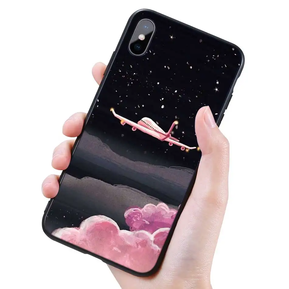 Силиконовый черный чехол для iPhone 11 Pro XR X XS MAX 7 8 6 6S Plus 5 5S SE 7Plus 8Plus мобильный телефон самолет