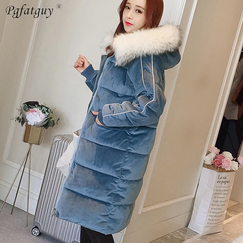 2018 зима большой меховой с капюшоном теплые пальто бежевый вниз хлопковой