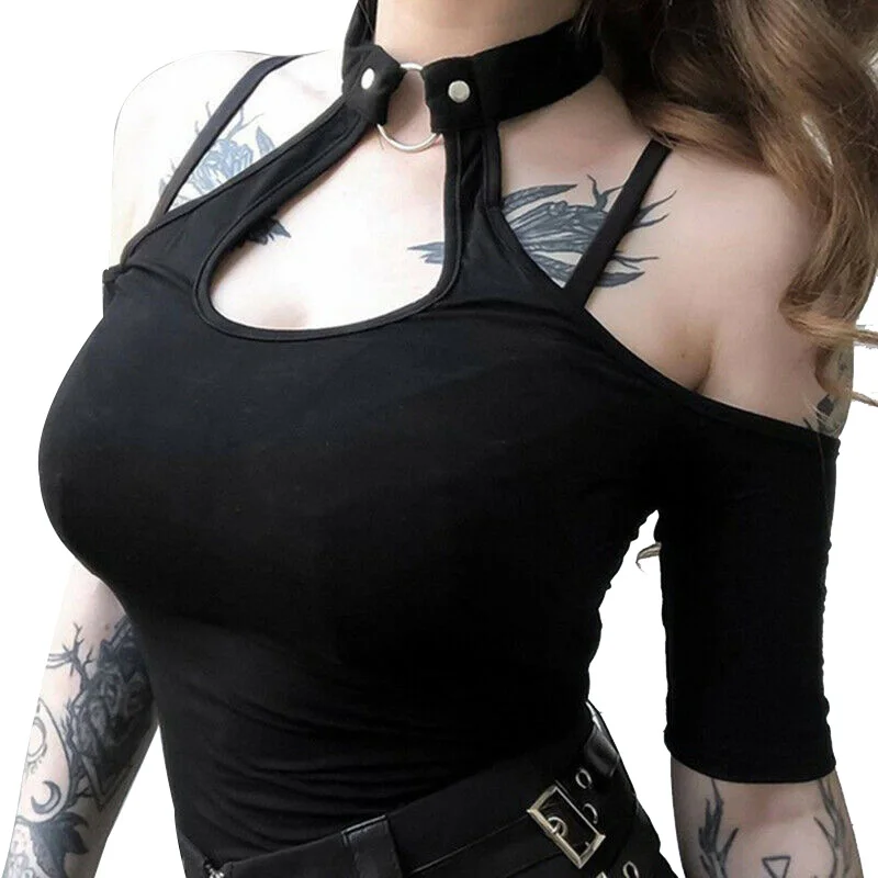 Женский черный топ с открытыми плечами и вырезом чокер футболка открытой спиной