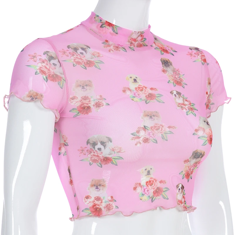 Женские летние топы с принтом собаки и цветочным Прозрачные коротким рукавом