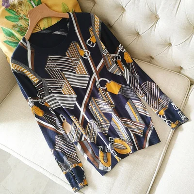 Long Sleeve Роскошные Дизайнерские брендовые вязаные пуловеры для женщин с круглым вырезом, винтажный шерстяной вязаный свитер с принтом и поясом - Цвет: Long Sleeve