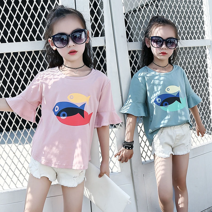 Футболка для девочек, детская летняя футболка с героями мультфильмов топ с рукавами с оборками для девочек, одежда для девочек-подростков Весенняя детская одежда для детей возрастом 6, 8, 12 лет