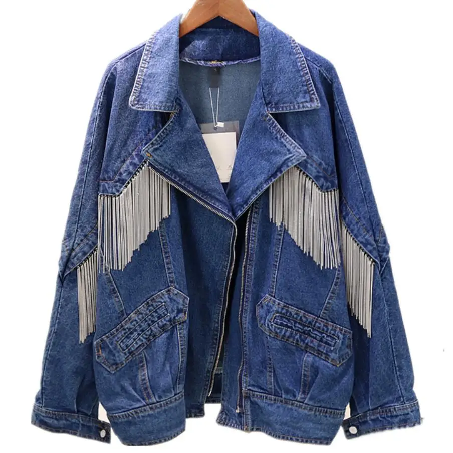 

2021 Spring Autumn Women Loose Chain Tassel Denim Jacket Blue Students Casual zipper jeans coat