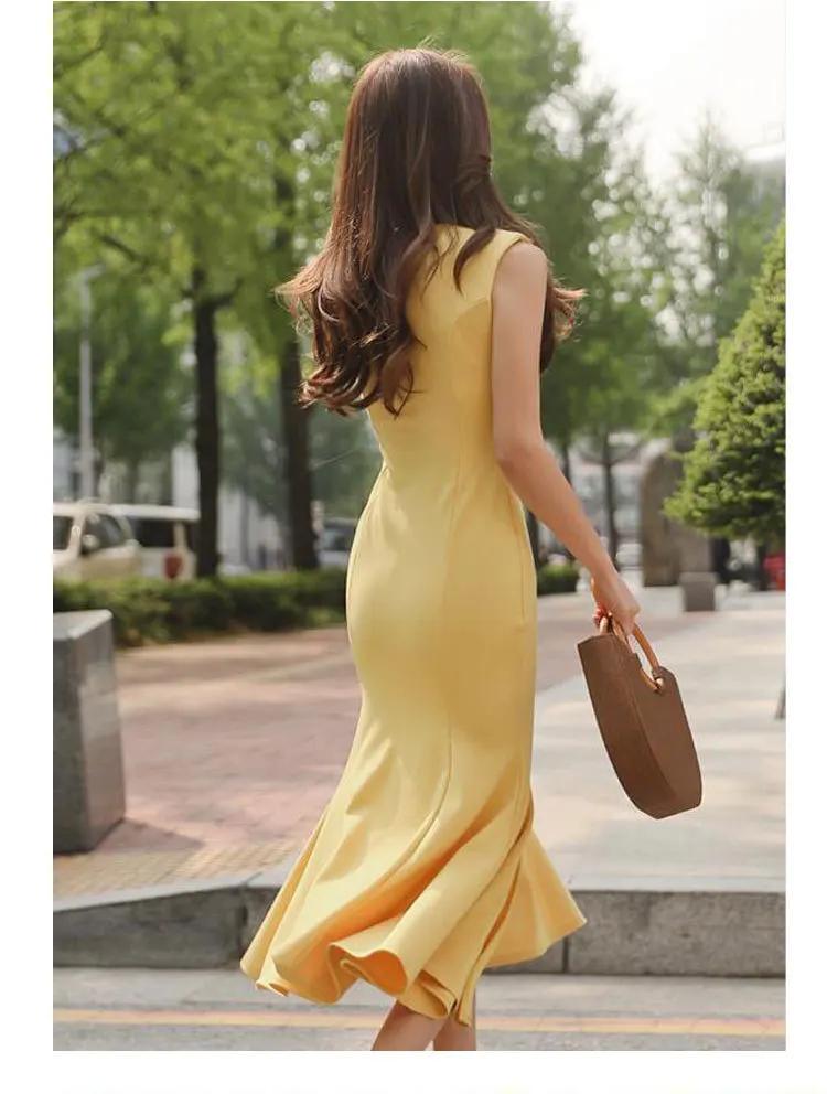 Foamlina, сексуальное вечернее платье, vestidos robe Femme,, элегантное, желтое, без рукавов, с воланом, миди, платье для женщин, летнее платье