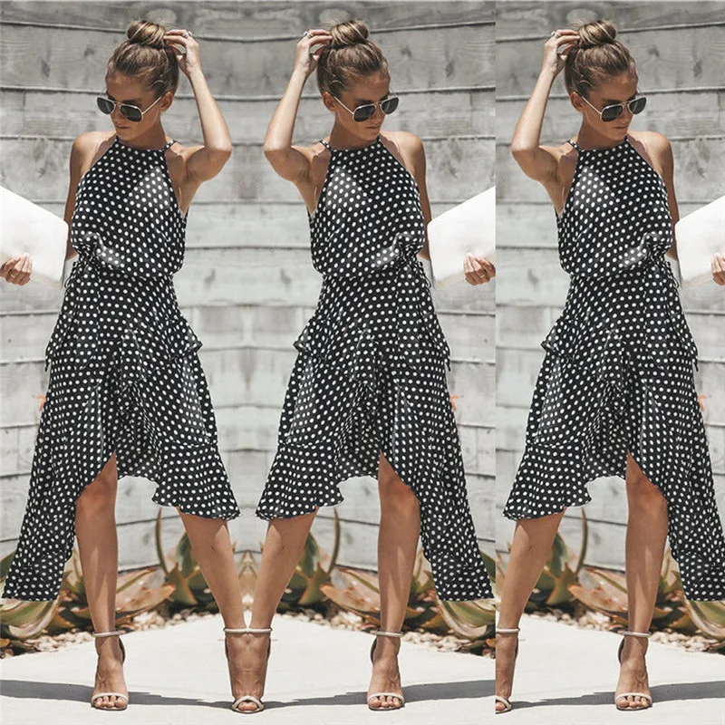 Ruffles Backless Polka dot Print Halter Dress Sleeveless Sexy Irregular Club Wear Plus Size Beach Sundress Bohemian Casual | Женская