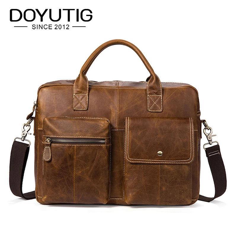 DOYUTIG Men's Real Cow Leather Business Briefcases 15 Inches Brown / Coffee Genunie Leather Male Messenger Computer Bags G127