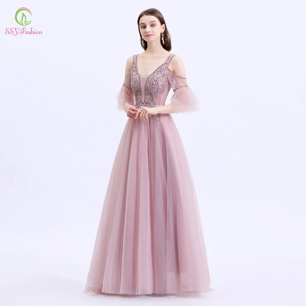 SSYFashion Новые Вечерние платья женские элегантные банкетные милые розовые кружевные аппликации Бисероплетение Вечерние платья Vestido De Noche