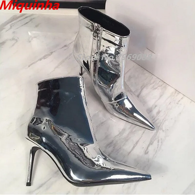 Fashion Women Thigh High Ankle Boots Matellic Mirror Leather Silver Pointed Toe Thin Heels Party Shoes |