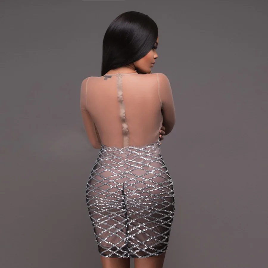 Женское сексуальное Сетчатое платье с пайетками длинным рукавом прозрачное