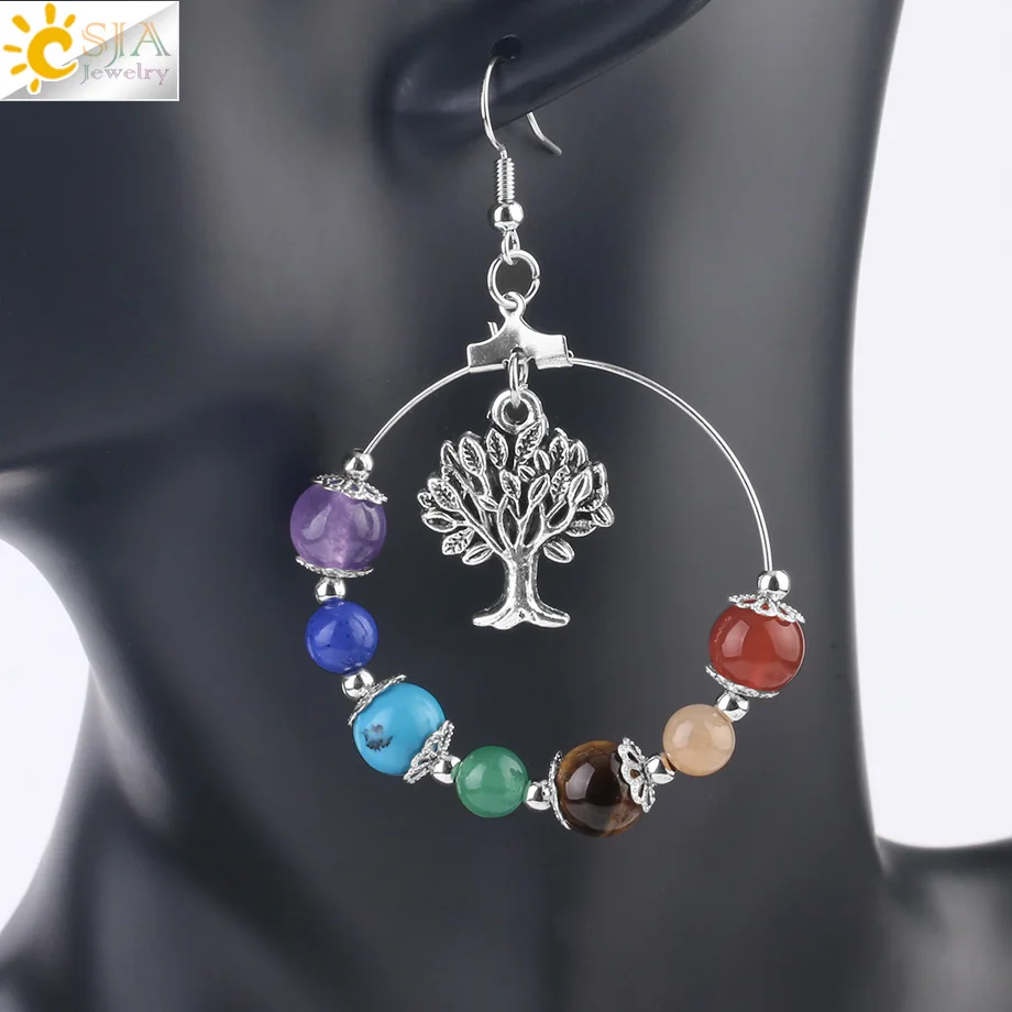 Tree of Life 2 CSJA 7 Чакра Древо жизни Женские Висячие серьги натуральные круглые драгоценные камни, бусины Reiki Исцеляющие Кристальные серьги богемное ювелирное изделие E769 - Окраска металла: Tree of Life 2