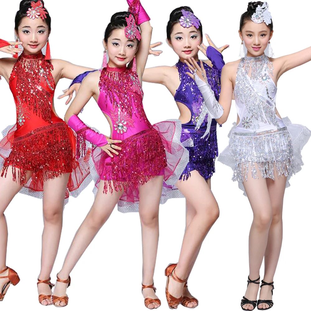 Kids SequinsTassels Competition Latin Dance Dress Girls Gymnastics Ballroom Party Dancing Stagewear costumes | Тематическая одежда