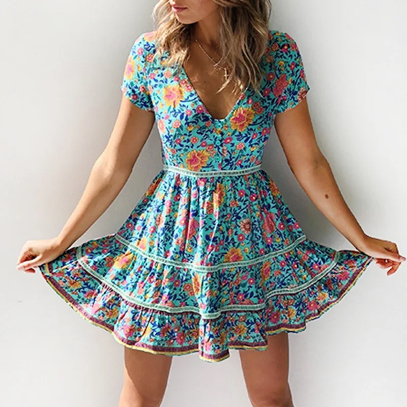 Сексуальное пляжное платье с v образным вырезом и цветочным принтом сезон весна