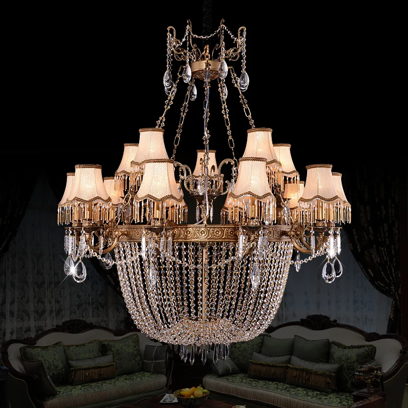 Villa Large Retro Bronze Chandelier Crystal Chandeliers lustre hotel Pure Copper lamp lampshade cristal Lustres E Pendentes Sala | Лампы и