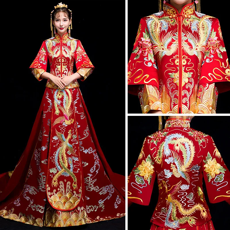 

bride wedding dress Traditional chinese style costume Phoenix cheongsam Embroidery clothing Luxury ancient Royal Red Qipao gown