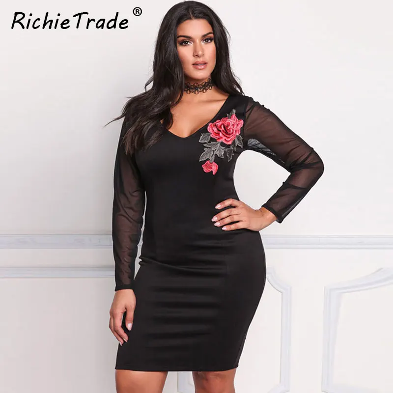 Женское платье с цветочной вышивкой RICHIETRADE однотонное черное весеннее длинным