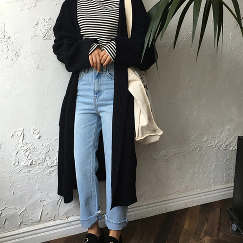 Lady's Sweater Happymulti Casual Knit Pockets Solid Color Spring Autumn Harajuku Long Cardigan Loose Women's sweater |