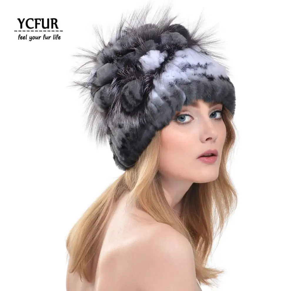 color 1 YC Fur зимние шапки, шапка s для женщин, прошитая полосками шапка из меха кролика Рекс, шапка с лисьим мехом, шапки бини женские - Цвет: color 1