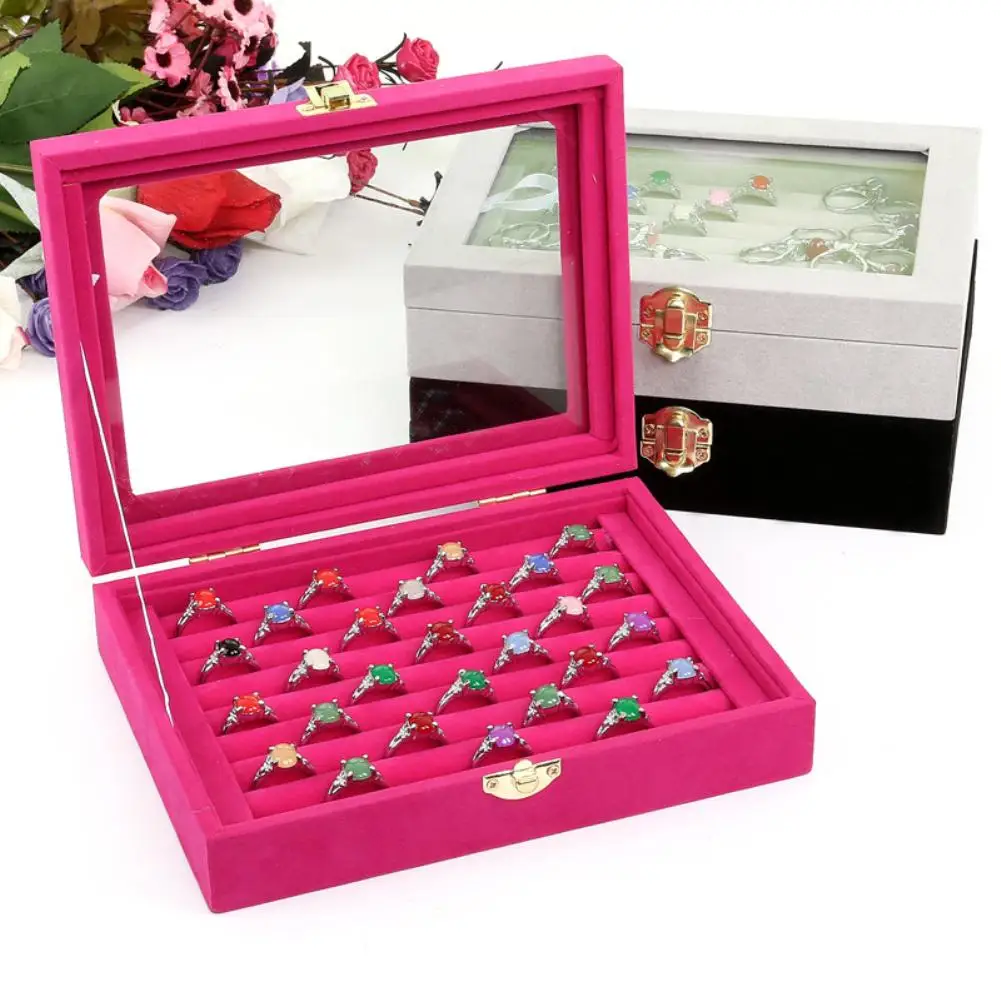 Velvet Rings Stud Earrings Jewelry Display Tray Storage Box with Glass Lid trendy | Украшения и аксессуары