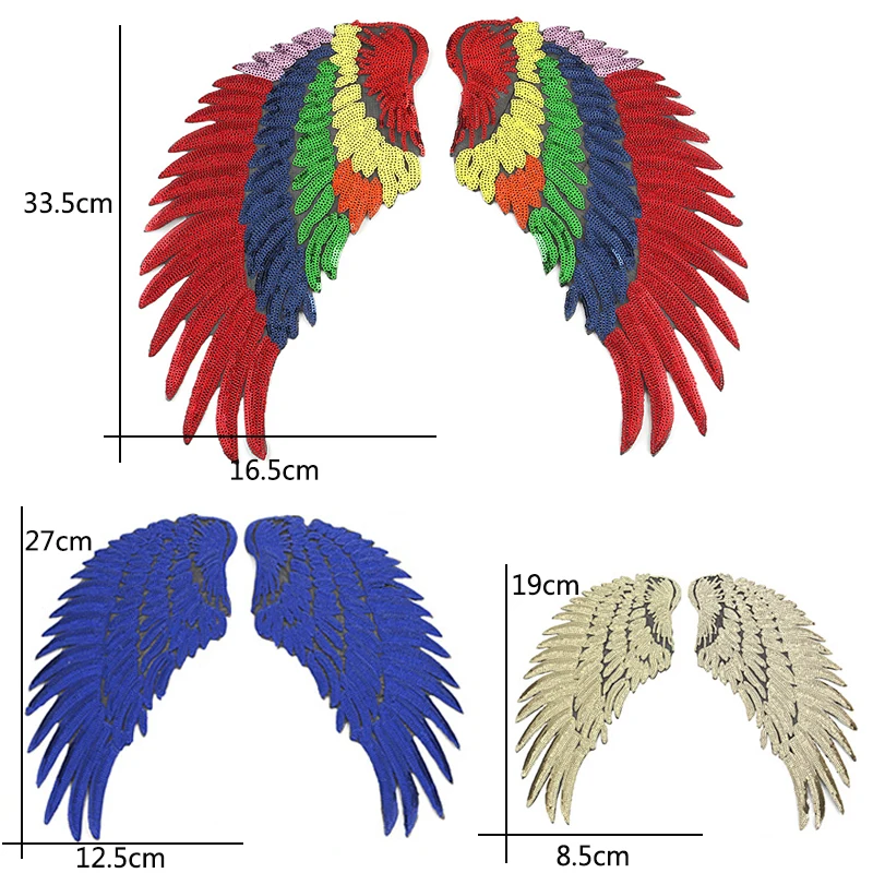 Clothes Patch Iron On DIY Popular Slivery 3 Sizes Wings Patches 3D Feather Golden Sequined Patch Sew On Applique 1Pair