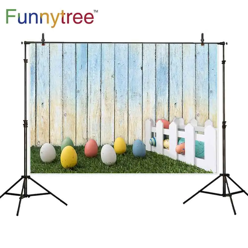 

Funnytree background for photo studio vintage wood eggs spring grass fence Easter baby photography backdrop photocall photobooth