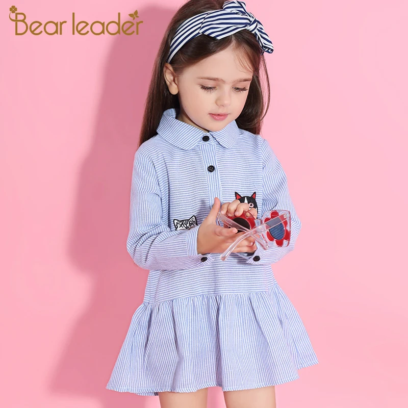 Bear leader/платье для девочек коллекция года; модные рубашки; платья Детские платья с длинными рукавами в синюю полоску с вышитым воротником