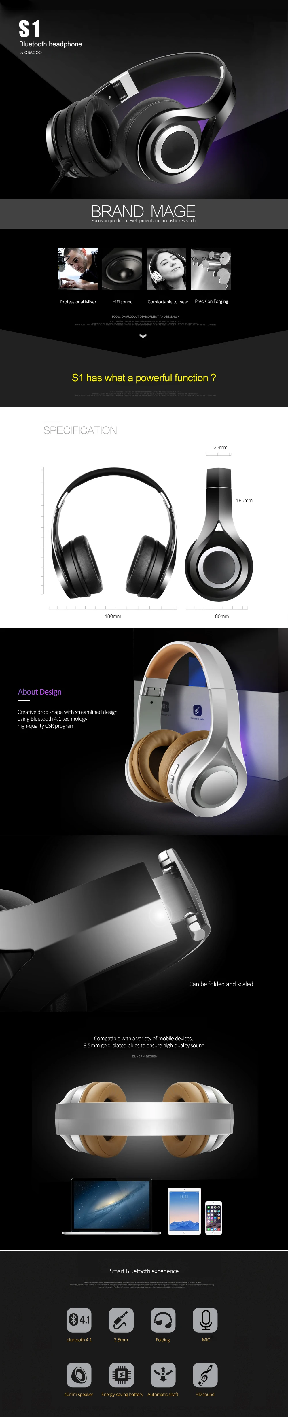 CBAOOO S1 беспроводные наушники Bluetooth гарнитура складные наушники регулируемые наушники с микрофоном 16 часов использования