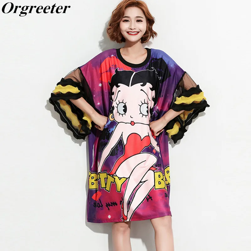 Женское свободное платье с оборками и Расклешенным рукавом летнее больших