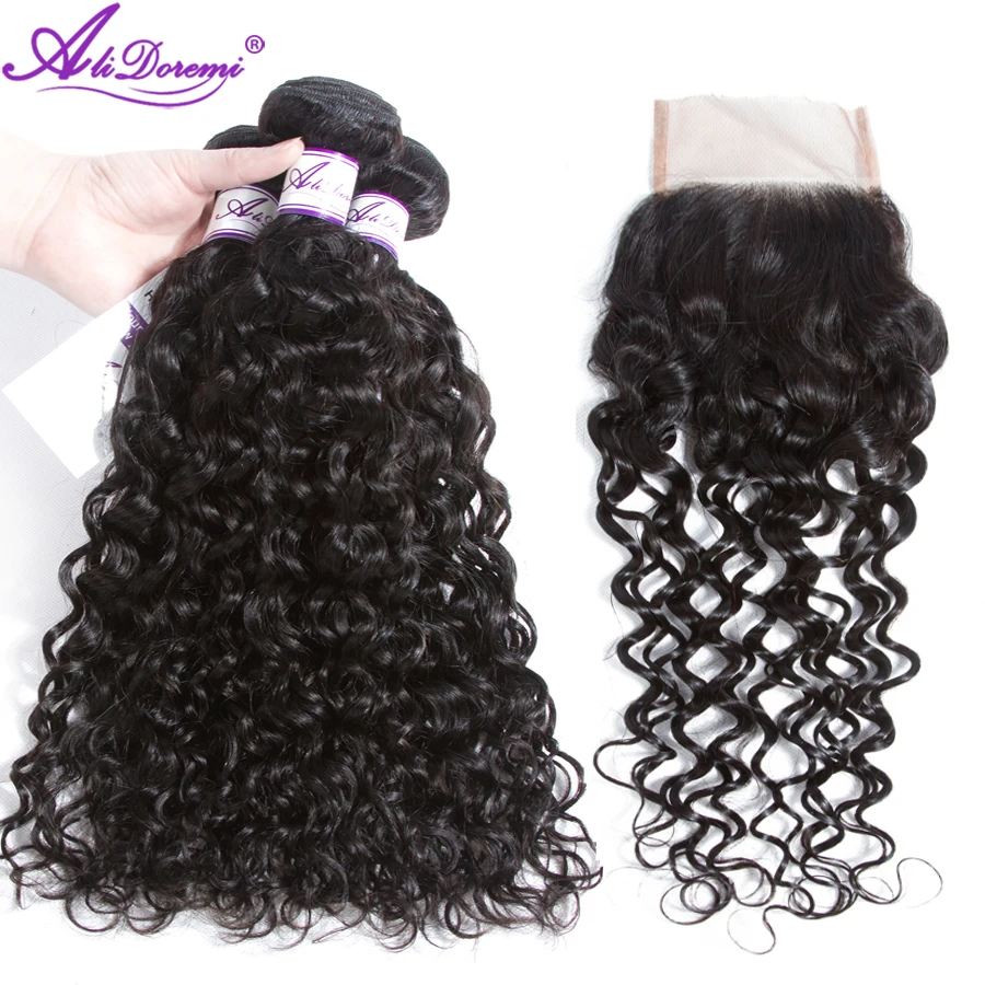 

Malaysian Water Wave 3 Bundles with Closure Human Hair Bundles with Closure Human Hair Weave 4 Pcs /lot Alidoremi Hair